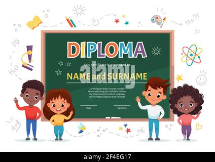 Modèle de certificat de diplôme d'école pour enfants avec de jolis enfants heureux de différentes nationalités sur fond blanc Illustration de Vecteur