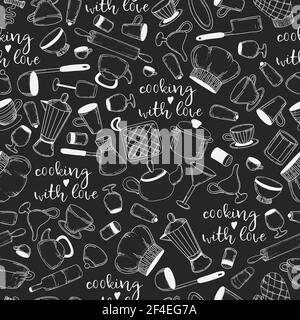 Cuisiner avec amour. Illustration vectorielle à ligne blanche sur fond noir. Cuisine craie doux sans coutures. Motif boulangerie Illustration de Vecteur