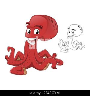 Mignon Happy Red Octopus présenter quelque chose avec dessin d'art de ligne, vie aquatique et marine, vecteur personnage Illustration logo de mascotte. Illustration de Vecteur