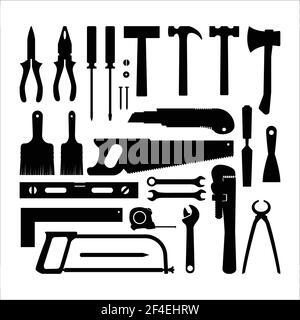 outils de menuiserie vecteur silhouettes design concept icon set. collection des outils symbole de menuiserie isolé fond blanc Illustration de Vecteur