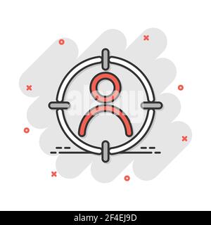 Cartoon Vector icône public cible dans le style comique. La stratégie cible marketing concept illustration pictogramme. Aim sur personnes effet splash concept. Illustration de Vecteur