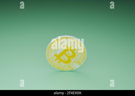 Extraction minimale de bitcoin sur fond vert, rendu d'illustrations 3D Banque D'Images