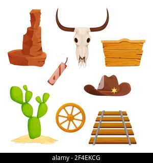 Wild West Set, collection d'éléments de dessin animé, ressources de jeu d'interface utilisateur, icône isolée sur fond blanc illustration vectorielle de stock. Chemin de fer, dessert cactus an Illustration de Vecteur