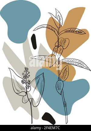 Affiche de style boho minimaliste contemporain avec des formes abstraites géométriques et des silhouettes représentant des plantes. Illustration de Vecteur