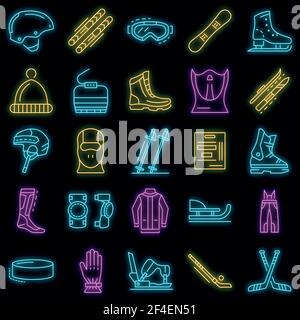 Jeu d'icônes de sports d'hiver. Ensemble de contours d'icônes vectorielles de sports d'hiver de couleur néon sur noir Illustration de Vecteur