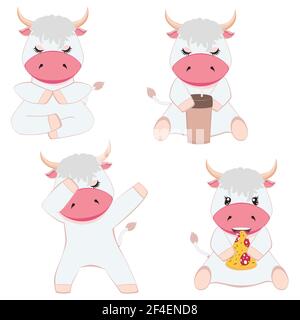 Petit mignon dessin animé blanc taureau dans diverses poses illustration. Illustration de Vecteur