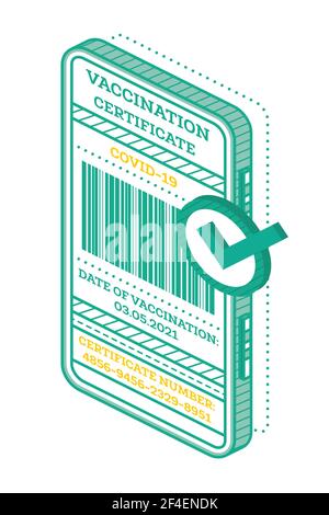 Certificat de vaccination sur l'écran du smartphone avec code-barres. Certificat international isométrique de vaccination. Illustration vectorielle. Santé. Illustration de Vecteur