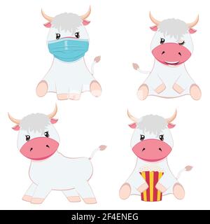 Petit mignon dessin animé blanc taureau dans diverses poses illustration. Illustration de Vecteur