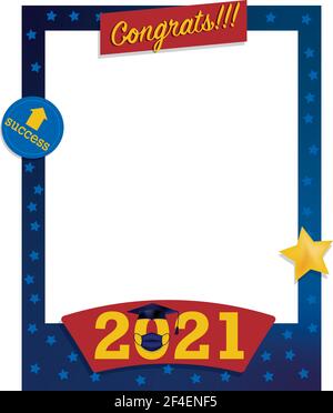 Affiche cadre photo bleu et rouge avec étoiles pour la célébration de la remise des diplômes selfie avec chapeau et robe pour les étudiants diplômés. Concept des accessoires Photoboth Illustration de Vecteur