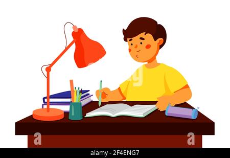 Garçon en train de faire ses devoirs - illustration de style plat coloré avec personnage de dessin animé. Idée d'éducation, d'école et d'apprentissage. Joyeux élève écrivant dans h Illustration de Vecteur