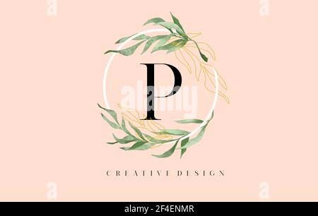 Design élégant avec logo lettre P, feuilles aquarelle et feuilles de monoline dorée aux couleurs pastel. Lettre P logo pour produits naturels de beauté cosmétiques. Illustration de Vecteur