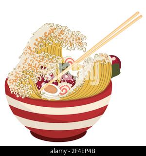 Dessin animé rouge bol de ramen, nouilles dans une illustration en forme de vague. Illustration de Vecteur