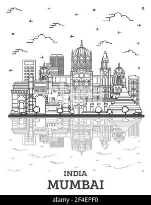 Aperçu Mumbai India City Skyline Avec Bâtiments Historiques Et Réflexions Isolés Sur Blanc. Illustration Vectorielle. Bombay Cityscape Avec Des Sites Touristiques. Illustration de Vecteur