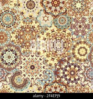 Motif lumineux sans couture avec des mandalas colorés de style oriental. Décoration multicolore arabe pour impression sur papier de minerai de tissu. Illustration de Vecteur