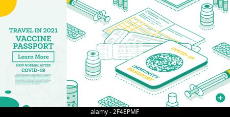 Passeport isométrique d'immunité avec billets et certificat international de vaccination - coronavirus Covid-19. Concept avec seringue et flacon de vaccin Illustration de Vecteur