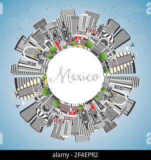 Vue panoramique de Mexico avec bâtiments gris, ciel bleu et espace de copie. Illustration vectorielle. Concept avec architecture historique. Mexique CityScape . Illustration de Vecteur