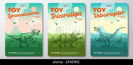 Ensemble de modèles d'étiquettes pour jouets de dinosaure. Résumé Vector Packaging Design Layouts Collection. Typographie moderne avec paysage et main de volcan préhistorique Illustration de Vecteur