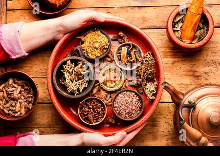 Thé de guérison ou infusion d'herbes médicinales.plantes de guérison en herbes médicinales Médecine.médecine chinoise de fines herbes Banque D'Images