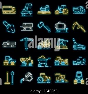 Ensemble d'icônes d'équipement agricole. Ensemble de contours d'icônes vectorielles d'équipement agricole de couleur néon sur noir Illustration de Vecteur