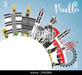 Puebla Mexico Skyline avec bâtiments couleur, ciel bleu et espace de copie. Illustration vectorielle. Concept de tourisme avec architecture historique et moderne. Illustration de Vecteur