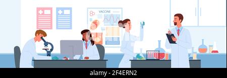 Les gens travaillent dans la science du développement de vaccins illustration de vecteur de laboratoire. Caricature homme femme scientifique personnages développer un vaccin pour le coronavirus Illustration de Vecteur