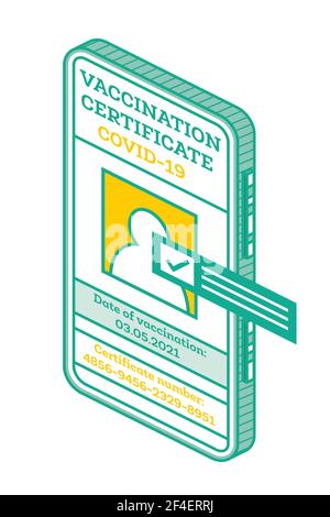 Certificat de vaccination sur l'écran du smartphone. Certificat international isométrique de vaccination. Illustration vectorielle. Passeport santé. Illustration de Vecteur