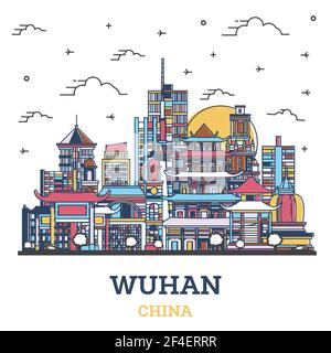 Aperçu de la ville de Wuhan en Chine Skyline avec des bâtiments historiques colorés isolés sur le blanc. Illustration vectorielle. Wuhan Cityscape avec des monuments. Illustration de Vecteur