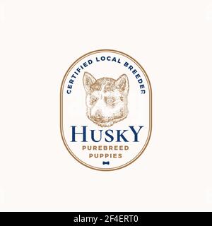 Modèle de logo ou de badge de cadre de dressage de chiens certifié. Dessin de visage Husky Puppy dessiné à la main avec Typographie et bordures rétro. Emblème Premium vintage Illustration de Vecteur
