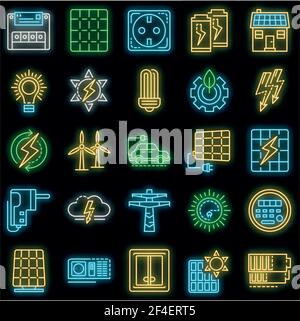 Ensemble d'icônes d'équipement énergétique. Ensemble de contours d'icônes vectorielles d'équipement d'énergie de couleur néon sur noir Illustration de Vecteur