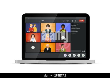 Écran de vidéo conférence, logiciel moderne pour les réunions virtuelles, le travail à distance ou les rencontres s'exécutent sur ordinateur portable isolé sur blanc Illustration de Vecteur