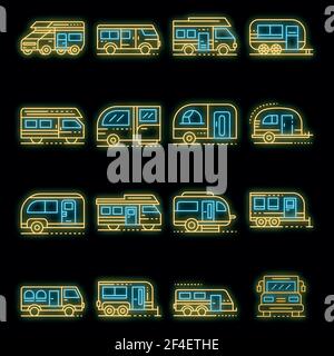 Ensemble d'icônes Motorhome. Ensemble de contours d'icônes vectorielles motorhome couleur néon sur noir Illustration de Vecteur