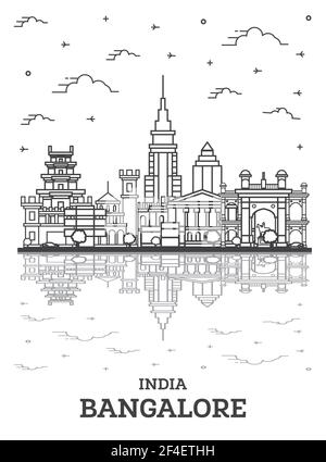 Contour de Bangalore India City Skyline avec bâtiments historiques et réflexions isolées sur blanc. Illustration vectorielle. Bangalore Cityscape avec Landmark Illustration de Vecteur