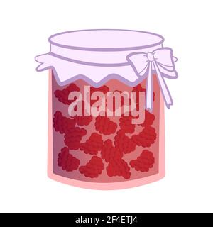 Pot en verre fermé avec confiture de framboises isolée sur fond blanc. Illustration de Vecteur