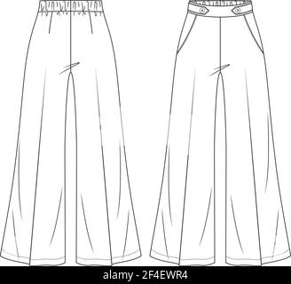 Pantalon-jupe évasé à taille haute pour femmes Vector Fashion Flat Sketches. Modèle d'illustration technique de la mode Pant à jambe large Illustration de Vecteur