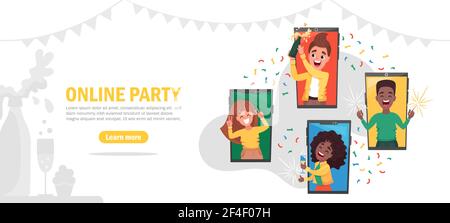 Page d'accueil du modèle de site Web de partie en ligne. Des amis heureux à leur maison célébrant l'anniversaire virtuel Illustration de Vecteur