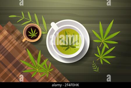 cannabis tisane marijuana feuilles sur fond en bois angle supérieur vue horizontale à plat Illustration de Vecteur