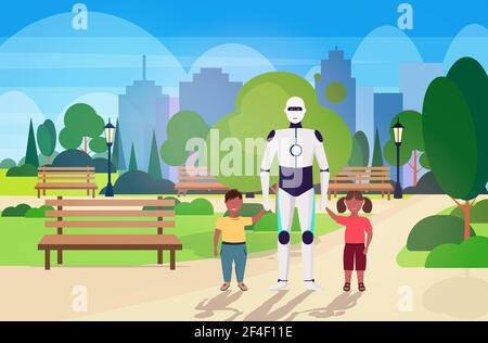 moderne robot nounou marche avec les enfants concept de technologie d'intelligence artificielle parc public fond urbain horizontal sur toute la longueur Illustration de Vecteur