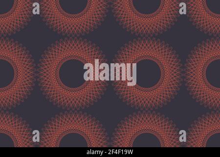 Motif d'arrière-plan abstrait sans couture, composé de lignes répétitives formant des formes géométriques circulaires, dessin vectoriel de style Mandala en couleur orange et violette Banque D'Images