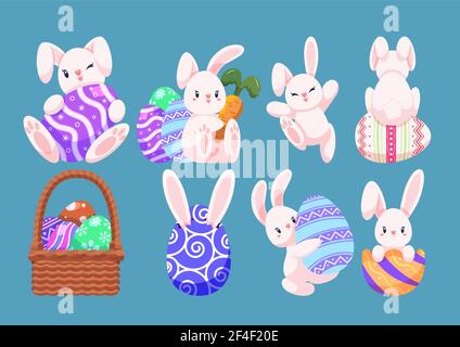 Ensemble de jolis oeufs de Pâques et de personnages de lapin dans différentes poses. Concept de vacances de Pâques. Illustration de Vecteur