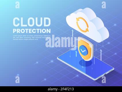 Bouclier de bannière Web isométrique protégeant le transfert de données d'un smartphone vers le Cloud. Concept de protection des données et de Cloud Computing. Illustration de Vecteur