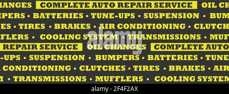 Texture d'arrière-plan du service de réparation automatique transparente. Répétition de mots associés à l'atelier de mécanicien automobile, par exemple : service de réparation automobile complet, Illustration de Vecteur