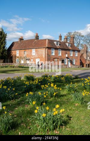 Jane Austen's House et musée à Chawton, Hampshire, Angleterre, Royaume-Uni, au printemps avec des jonquilles en fleur Banque D'Images