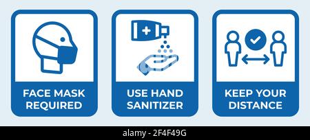 Ensemble de vecteurs d'icône de prévention des coronavirus pour la pandémie de covid-19. Signes bleus mesures préventives. Masque pour le visage requis, utilisez un désinfectant pour les mains. Illustration de Vecteur