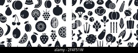Ensemble de motifs vectoriels sans couture avec fruits et légumes. Texture infinie, arrière-plan, papier peint. Silhouette noire, icône de remplissage plein, glyphe. En bonne santé Illustration de Vecteur