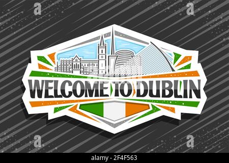 Logo Vector pour Dublin, signe décoratif blanc avec illustration du paysage de la ville de dublin sur fond ciel de jour, art design touriste réfrigérateur aimant avec uniq Illustration de Vecteur