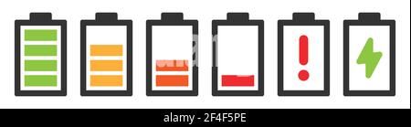 Icône de vecteur de batterie, niveaux de charge complète à vide. Symbole de charge avec symbole d'énergie. Illustration de Vecteur