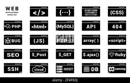 Ensemble d'icônes de développement Web Vector, html, CSS, php, ruby, Langage de programmation, script, style isolé sur blanc Illustration de Vecteur