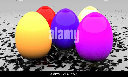 Les œufs de Pâques avec des coquilles noires explosent et forment des œufs de couleur rendu 3d Banque D'Images
