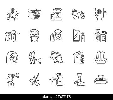 Désinfection et nettoyage des icônes linéaires. La collection comprenait Icon comme lavage des mains, bouteille vaporisatrice, gants, personnes dans les masques médicaux de protection du visage. Illustration de Vecteur