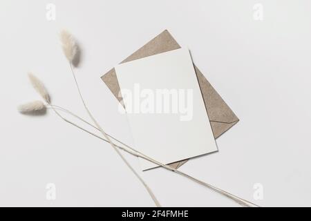 Moderne papeterie d'été encore vie. Feuillage de Lagurus ovatus et enveloppe artisanale. Maquette de carte de vœux vierge avec herbe de queue de lapin isolée Banque D'Images